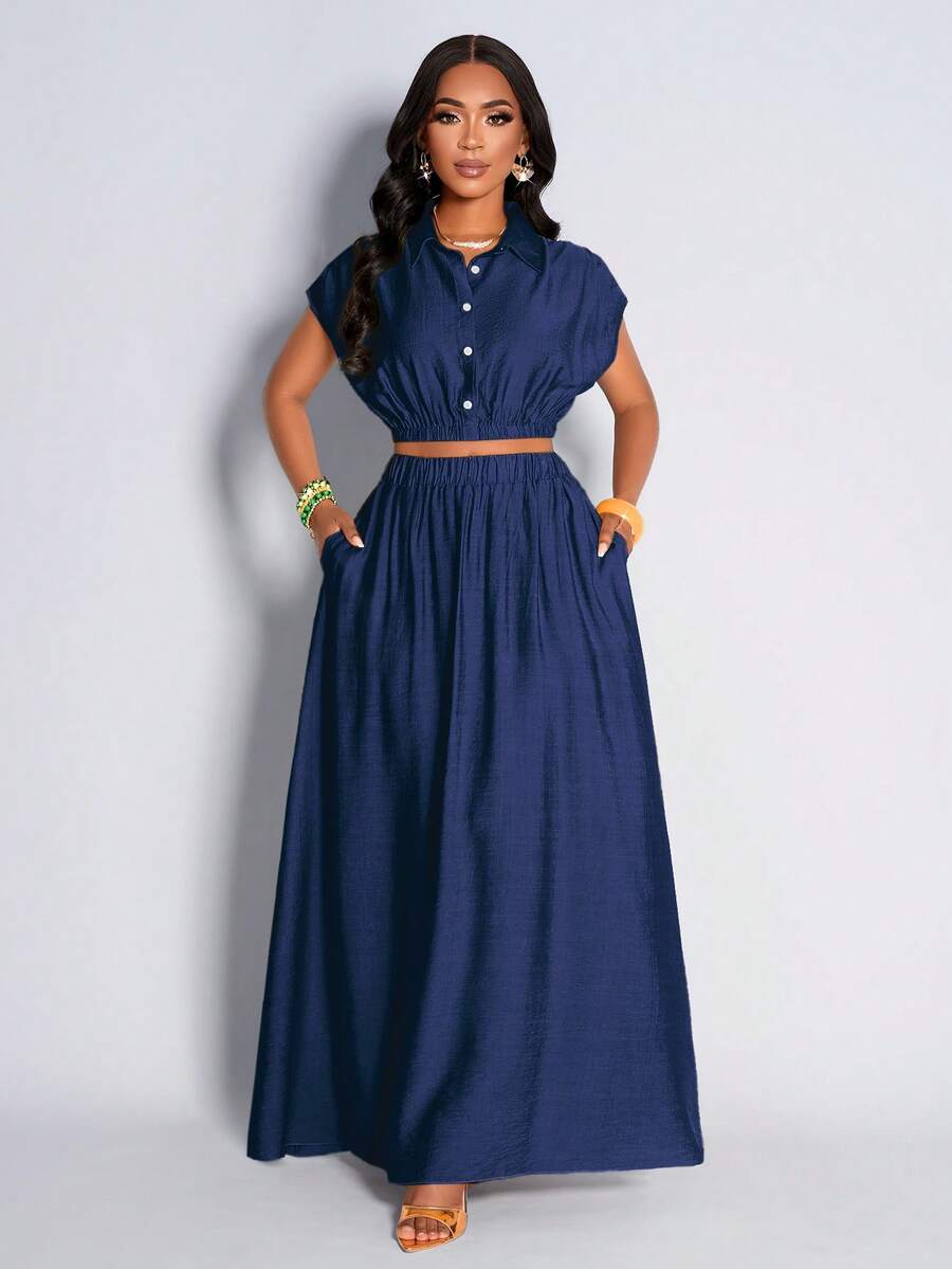 AIJ Amarilo 无袖褶皱上衣搭配优雅半身裙，休闲又不失优雅，适合小型聚会、通勤和日常生活；优雅淑女风，最新春夏女士日常简约风套装 - 寶藍色 - 查看 1