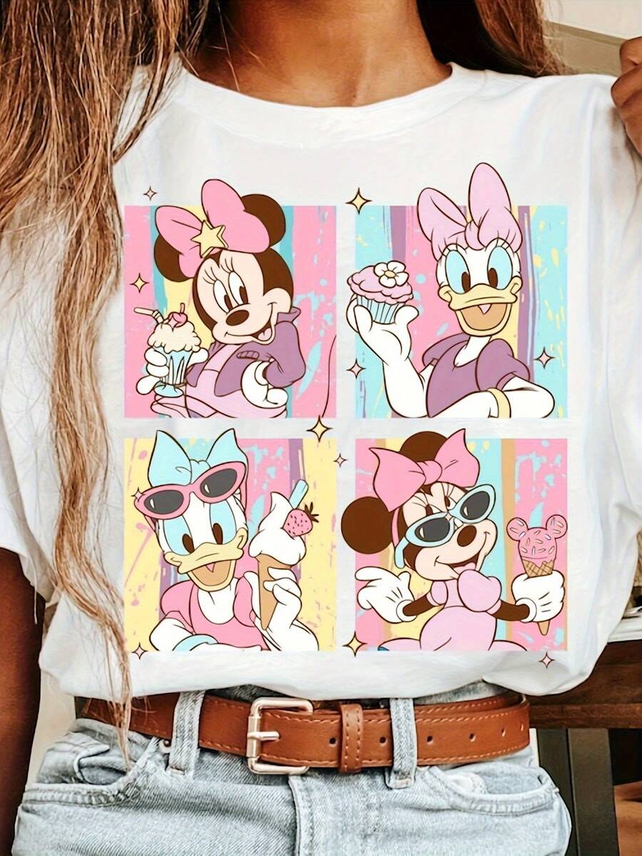 Disney Minnie Mouse & Daisy Duck Cartoon Print White -Simple Casual Style Graphic 100% Pure Cotton T-Shirt - Soft & Comfortable Crew Neck Short Sleeve Tee, Streetwear Fashion Top For All Seasons, Casual Streetwear | Round Neck Tshirt - Blanc - Voir 1