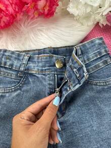Girls' Denim Shorts With Internal Adjustment, Adjustable Waist, Folded Hem, Comfortable, Children's Fashion. - 中等水洗藍 - 查看 11