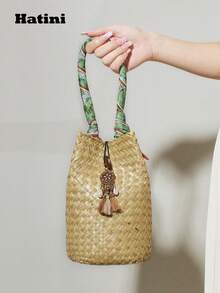 1pc Bohemian Style, Fashion Tassel Woven Bag, Casual Vacation Beach Tote, Outdoor Picnic Party Handbag, Suitable For Women Office, Commute, Date, Shopping, Leisure, Vacation, Beach, Music Festival, Party, Wedding, School (Natural Grass Woven Color May Have Slight Variations) - 綠色 - 查看 10