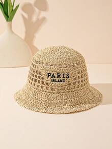 1 pieza Sombrero de paja bohemio de hombre con bordado de letra de triángulo invertido "Paris Milano" hecho a mano, adecuado para atuendo de playa y vacaciones - A - Ver 9