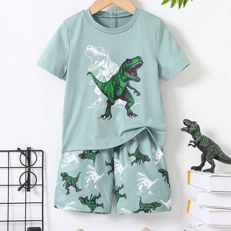 2件套时尚休闲卡通恐龙印花T恤+短裤套装，圆领短袖上衣，适合4-7岁男童 - 綠色 - 查看 9