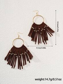 1 Pair Bohemian Style Tassel Hoop Earrings, Women's Western Style Earrings, Brown Tassel Beaded Long Dangle Earrings, Exaggerated Earrings For Beach Holiday - Suede Earrings - View 6