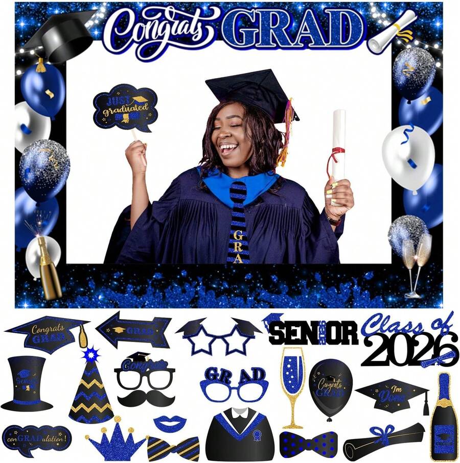 Blue Graduation Photo Booth Props Kit - 2026 Grad Party Decorations ...
