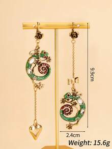 1 Pair Enamel Green Lizard Earrings, Asymmetric Heart Bow Tassel Earrings, Unique Personalized Attractive Accessories - Multicolor - View 2