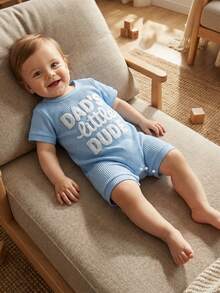 Newborn Baby Boy Summer Romper Letter Embroidered Short Sleeve Crewneck Waffle Bodysuit - Azul - Ver 6
