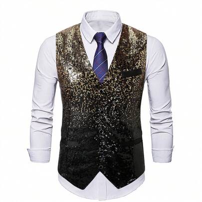 Men's Gradient Sequin Vest, Nightclub Bar Front Desk Performance Formal Waistcoat
