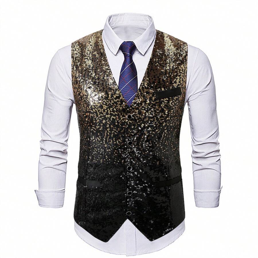 Men's Gradient Sequin Vest, Nightclub Bar Front Desk Performance Formal Waistcoat - Gold - View 1