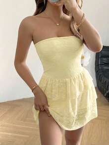 Vaiaye Romantic Elegant Lace Strapless Bodycon Dress, Sleeveless Backless Sexy Double Ruffle Hem Dress, Suitable For Wedding, Party, Concert, Carnival Summer - Light Yellow - View 10