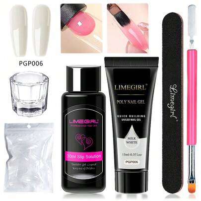LIMEGIRL 聚合物延长凝胶美甲套装，透明粉色，包含聚合物凝胶和滑液，适合初学者的家用美甲套装