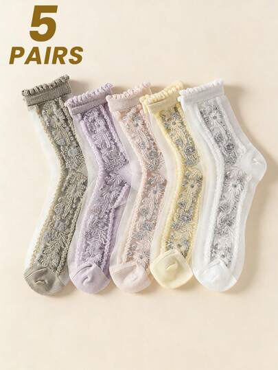 5双复古花卉图案透明玻璃丝中筒袜，女士款，透气吸湿，舒适休闲，适合日常穿着、度假、送礼。