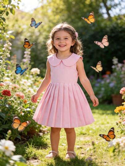 Young Girl's Casual School Style Dopamine Outfit, Cute Peter Pan Collar Pleated Hem Pink Dress, Spring/Summer