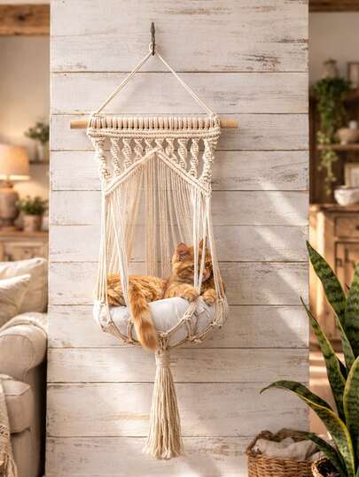 1pc Macrame Cat Hammock Wall Hanging Cat Bed Boho Macrame Pet Hammock Cotton Rope Cat Swing Hanging Cat Shelf Bohemian Pet Furniture Aesthetic Pet Bed Nordic Minimalist Home Decor Woven Cat Lounger Hanging Pet Basket Cozy Cat Resting Bed For Living Room Bedroom Window Corner Apartment Balcony Indoor Pet Furniture Cat Lover Gift Farmhouse Rustic Boho Room Decor Decorative Pet Hammock Natural Cotton Pet Nest Comfortable Cat Lounge Space Saving Pet Bed