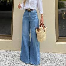 Jeans de cintura alta estilo "American Baddie", jeans rectos de pierna suelta con estilo retro para mujeres, casuales para todas las estaciones de primavera - Azul lavado medio - Ver 3