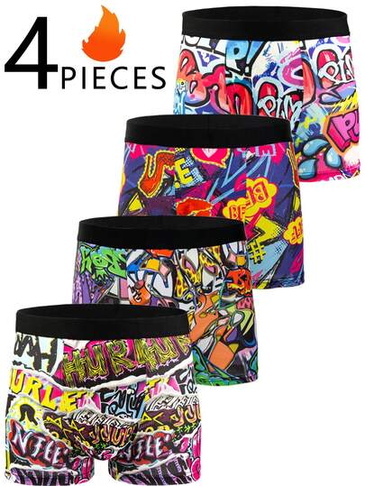 4条装男士数码印花三角裤，透气舒适高弹短裤，运动短裤，新奇男士内裤，骑行短裤