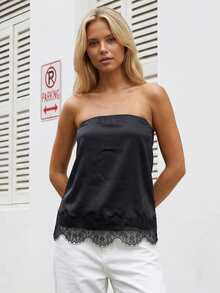Women Tube Tops Summer Eyelash Lace Trim Backless Off-Shoulder Bandeau Backless Shirts for Streetwear - Negro - Ver 3