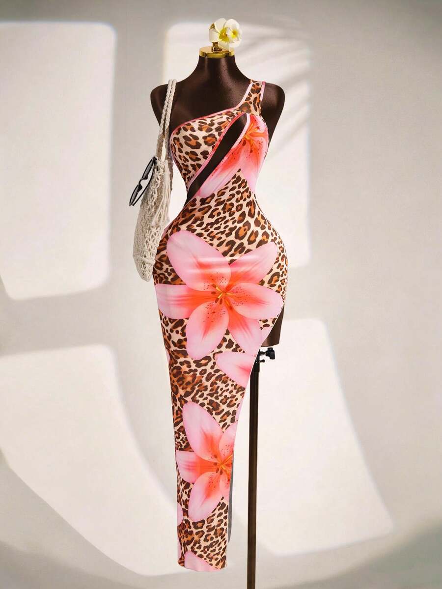 Đầm dài nữ NOU họa tiết da báo, hoa ly, lệch vai, khoét vai, xẻ cao, ôm sát, kiểu dáng cá tính, thích hợp cho kỳ nghỉ, hẹn hò, lễ Phục sinh, đi biển, dự tiệc, trang phục nghỉ mát cho nữ. - Hồng - Xem 1