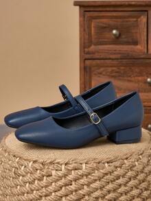 MonaNise 咖啡色玛丽珍方头3厘米高跟鞋，适合工作、晚宴等场合，复古黑色，时尚休闲卡其色鞋款 - 藏蓝色 - 查看 5