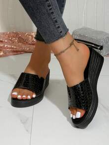 女士夏季厚底露趾防滑坡跟凉鞋 - 黑色 - 查看 2
