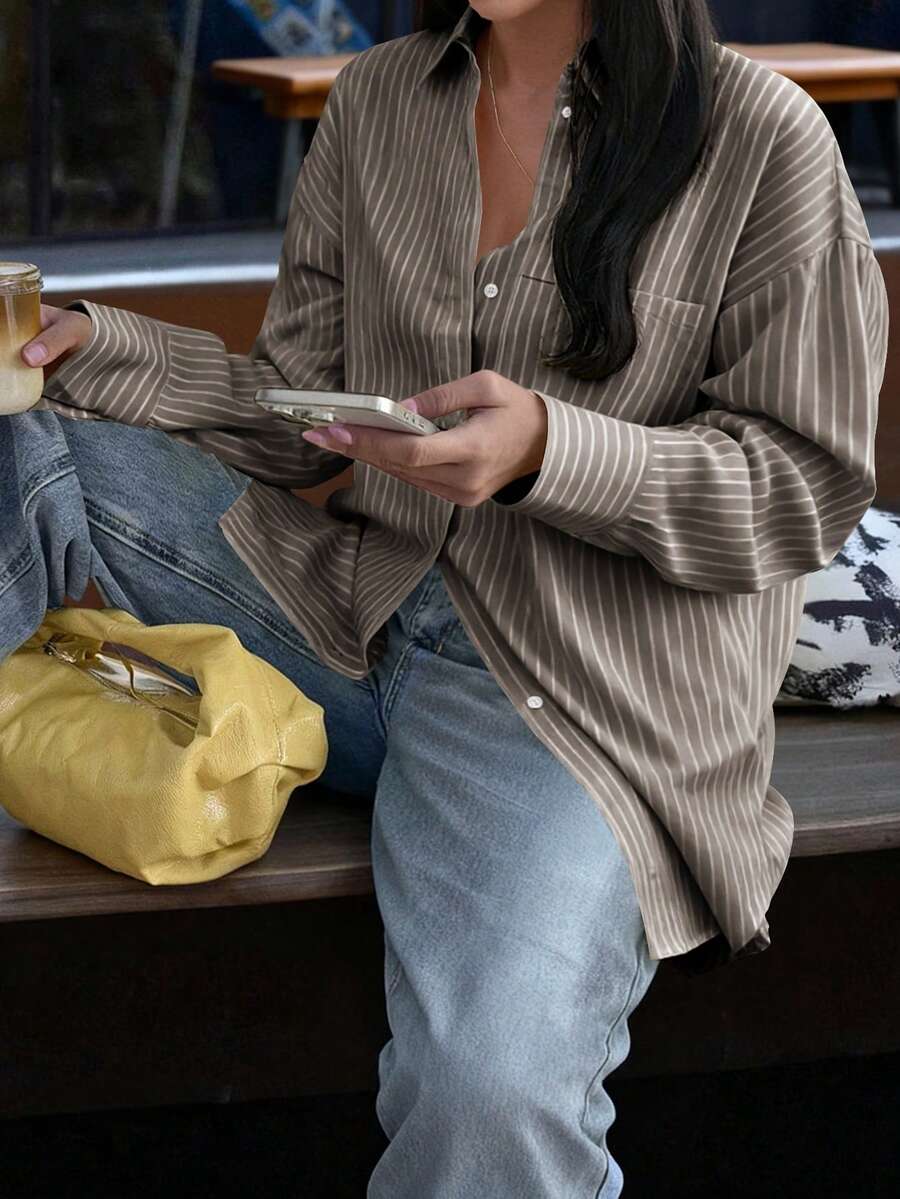 Look Polly 女士休闲音乐节春假条纹印花纽扣前袋沙滩度假长袖黄色衬衫 - 棕色 - 查看 1