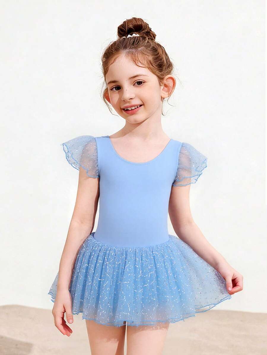 E.DANCE Girls Ballet Leotards Shiny Ruffle Sleeve Toddler Tutu Dresses Ballerina Outfit Dance Dance Dress - 淺藍色 - 查看 1
