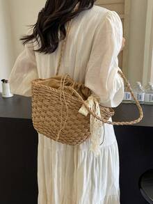Túi cói dung tích lớn mới, túi tote dệt thủ công trang trí nơ ren cho kỳ nghỉ hè ở bãi biển. - Màu Khaki - Xem 6