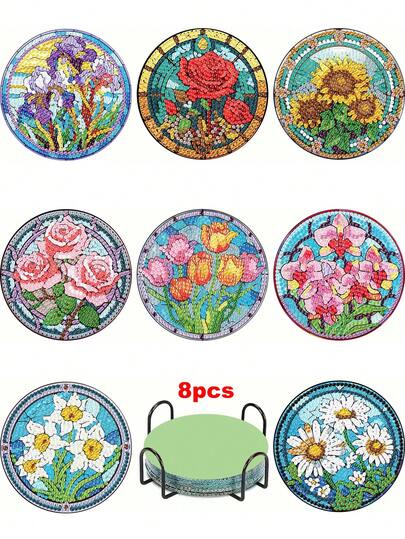 8pcs Blooming Diamond Painting Coaster Set, Round Bright Diamond Surface, Sturdy Adhesive With Full Tools, Easy For Beginners, Stress Relief Handcraft, New Year, Valentine's Day, Christmas, Teacher's Day Gift, Home Decor Coasters For Family, Friends, Girlfriend, Teacher