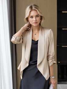 Blazer feminino de cetim acetato, coleção primavera 2026, profissional, de alta qualidade e manga curta. - Champagne - Ver 4