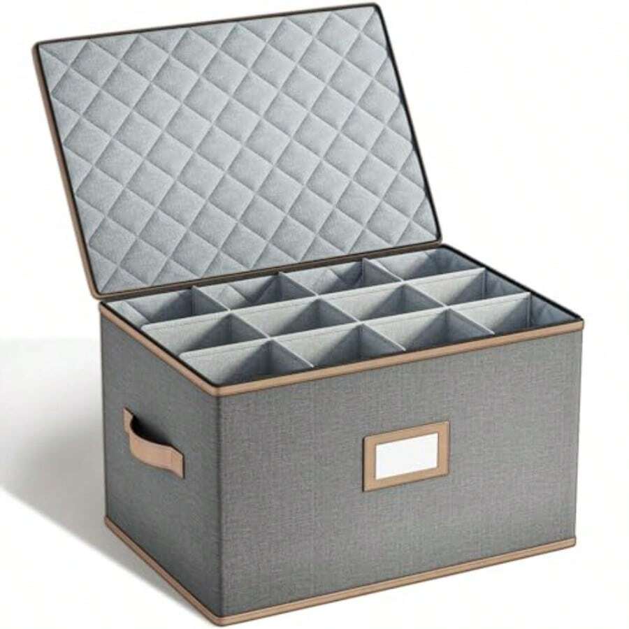 Caja de almacenamiento para copas de vino con divisores organizador acolchado de carcasa dura para juegos de vasos ideal para almacenamiento de cocina y suministros de mudanza 1 paquete - Gris - Ver 1