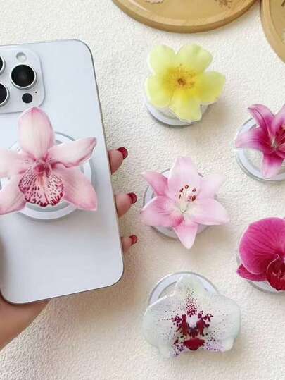 1pc Spring/Summer Artificial Flower Magnetic Air Cushion Phone Holder, Elegant Orchid Design, Magsafe Style, Suitable For Desk, Dorm