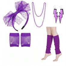 5件套，包含80年代和90年代主题配饰，例如耳环、发带、渔网手套和腿套，适合复古派对服装和派对装饰。 - 彩色 - 查看 12