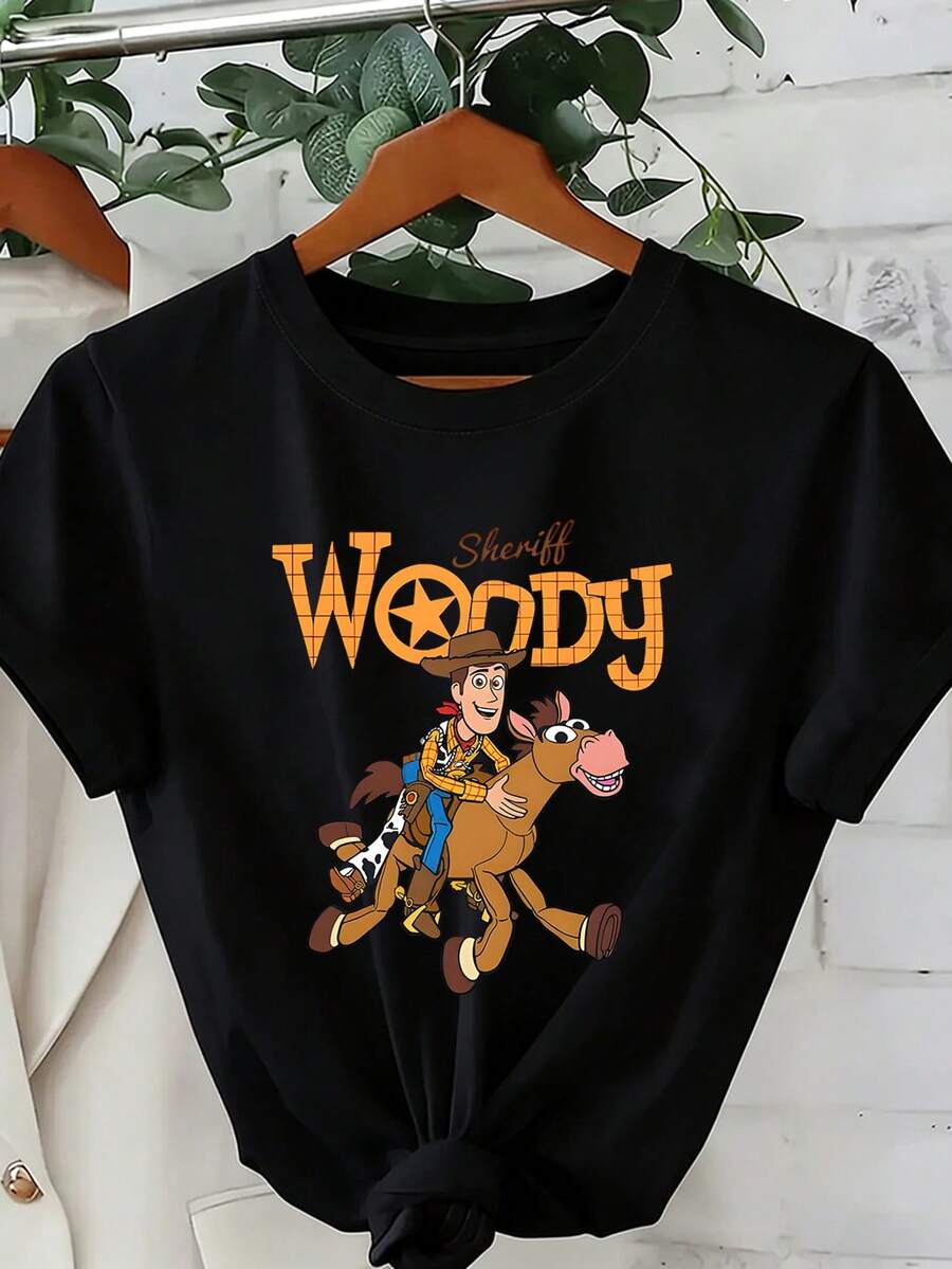 Disney Loose Fit Toy Story Woody And Red Horse "Sheriff Woody" Printed T-Shirt, Suitable For Summer And Spring, Short Sleeved Tops, Women's Clothing, Holiday Gift Party Costumes. - màu đen - Xem 1