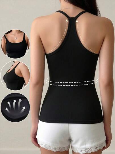 1件女士基础款休闲舒适方领吊带背心，带胸垫，无袖纯色棉质背心，简约日常穿着