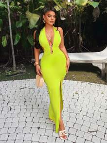 AIJ Women's Sexy Halter Neck Backless Slit Knitted Bodycon Maxi Dress, Elegant Sleeveless For Casual & Party Wear - Yellow - View 7
