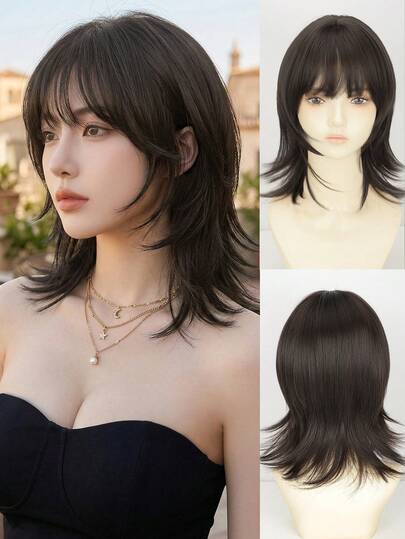 16-Inch High Quality Synthetic Fiber Wolf Tail Short Wig With Bangs, Naturally Fluffy Texture, Suitable For Daily Wear, Halloween, Music Festivals, Anime Cosplay Or Outfit Matching (Accessories Not Included)