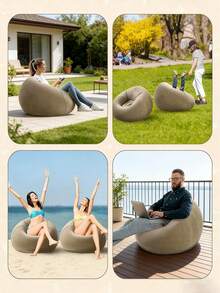 Delivery In 5-7 Days,TAIMASI 1pc Flocking Beanless Inflatable Lounge Chair - Multifunctional Portable Sofa With Round Single Seat Design - Ideal For Living Room, Office Lunch Break, Outdoor Picnic, Camping, And Relaxation Rosy Gray Purplish Blue - 1PC - 查看 2
