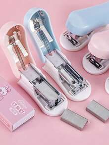 1 Set Of Student Mini Stapler Set, Cartoon Cute Portable Multi-Functional Small Stationery, With Free Staples - Multicolor - View 3