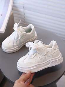 1 Pasang Sepatu Sneaker Anak Modis Serbaguna, Desain Blok Warna, Penutup Velcro, Anti Selip & Tahan Lama, Cocok Untuk Sekolah & Bermain, Musim Semi/Musim Gugur - Putih - View 3