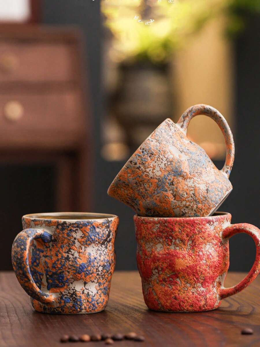 1pc 280ml Ceramic Cup, Hanging Ear Coffee Cup, Soda Cup, Cold Drink Cup, Breakfast Milk Cup, Oatmeal Cup, Flower Tea Cup, Latte Art Coffee Cup, Espresso Cup, Office Water Cup, Creative Crackle Glaze Ceramic Mug, Beverage Cup, Coffee Cup - Multicolor - View 1