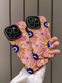 1pc Minimalist Pink Sun & Blue Evil Eye Pattern Vertical Faux Leather Soft Protective Phone Case, Suitable As Gift For Friends And Lovers, Compatible With IPhone And Models 17/17AIR/17PRO/17PROMAX - Multicolor - View 4