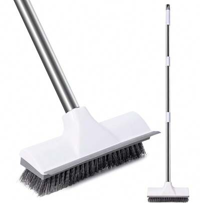 1个带可调节长柄的地板清洁刷 - 硬毛刷带刮水器，适用于清洁浴室、淋浴房、露台、车库、泳池，白色