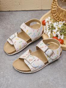1 Pair Cute Kids Beige Sandals, Colorful Graffiti Print, Hook And Loop Strap, Lightweight Flat Casual Summer Sandals - Apricot - View 3