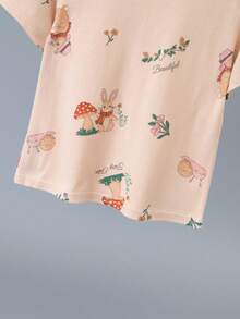 6件套女童轻薄卡通印花睡衣套装，可爱兔子短袖上衣和裤子休闲家居服，春夏熊猫、雪人、桃子印花 - 彩色 - 查看 4