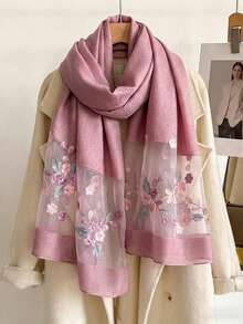 1pc Women's Elegant Hollow Faux Pearl Plaid Pattern Silk Scarf, Printed With Beautiful Flowers, Solid Color Shawl, Casual Headscarf And Neck Scarf, Suitable For Daily Wear And Summer Beach Sun Protection, Perfectly Matches Dresses, Suitable For All Seasons - Multicolor - View 14