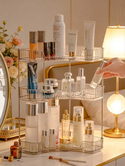 90° Angle Large Capacity Luxury Cosmetic Storage Rack, Transparent Makeup Organizer Box, Triangular Shelf, Bathroom Vanity Shower Caddy, Multi-Functional Storage Accessory, Home Decor, Gift For Makeup Lovers