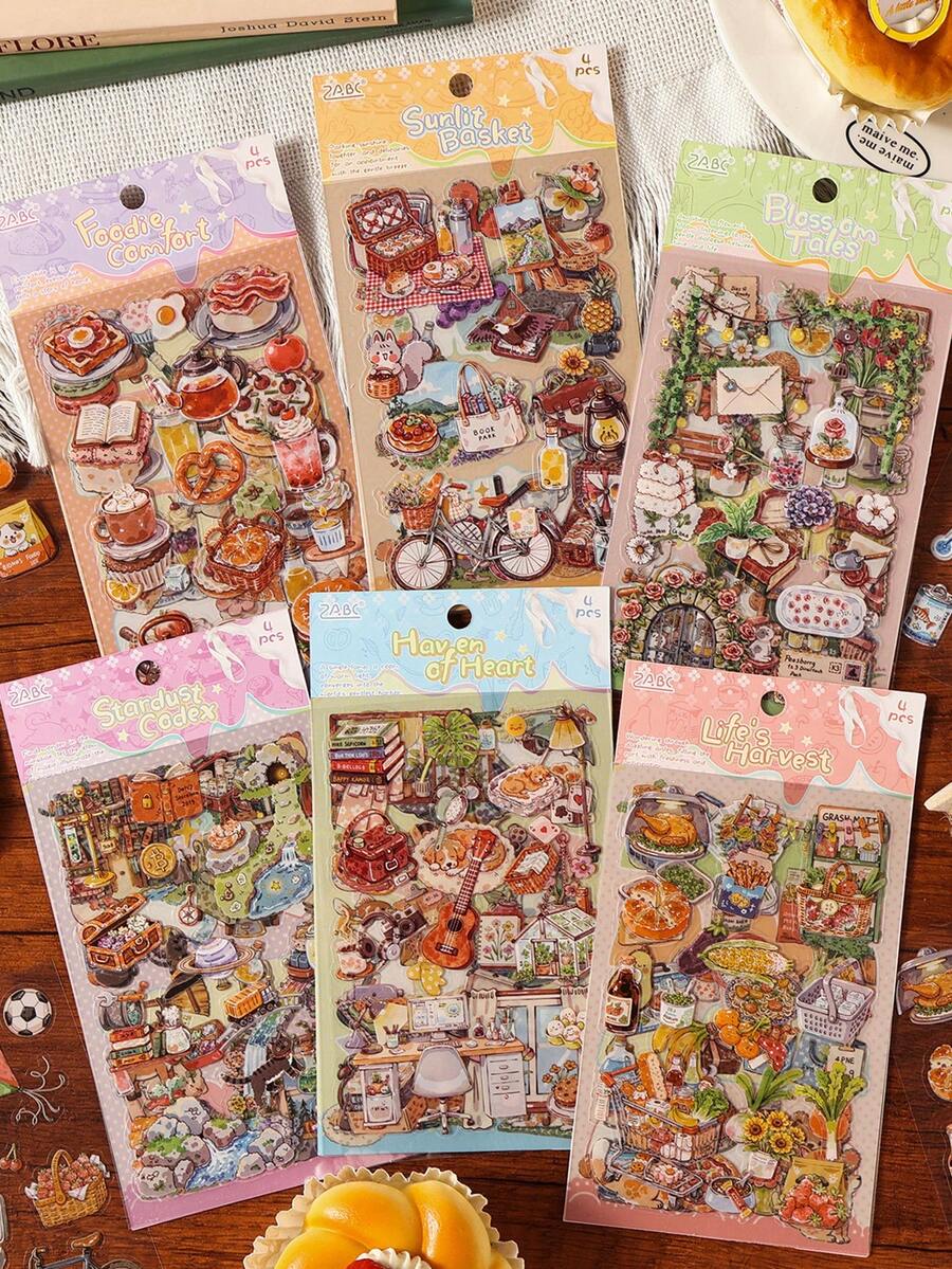 4pcs Cute Sticker Set, Life Theme Stress Relief Stickers, Happiness Guide Series, Suitable For Gifts, Office, Home, Marking, Labels, Classrooms, Entertainment Toys, Student Journals, Creative Retro Decoration DIY Stickers Scrapbook Supplies Stationery Funny Stickers Kindle - Multicolor - View 1