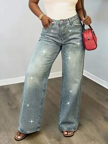 Women's Casual Loose Straight Leg Rhinestone Embellished Maxi Pants - Light Wash - View 8