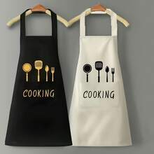 One Polyester Cooking Apron Featuring Pockets, Suitable Hand Washing, Designed Kitchen And Restaurant Applications, Offered In Black Or White With Illustrations Of Chef Hats And Utensils - Black - View 1