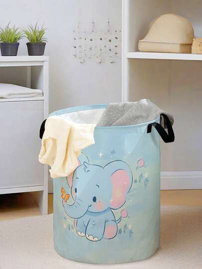 1pc Cartoon Elephant Print Foldable Round Storage Basket With Handle, Large Capacity Multi-Purpose Storage Bin For Nursery, Baby Diaper, Clothes, Toys Organization