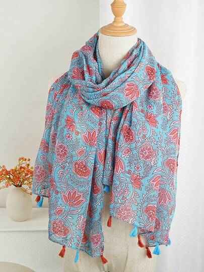 1条新款印花围巾，时尚头巾，奢华柔软颈巾 85*180CM，女士户外披肩，流行丝巾，适合所有季节